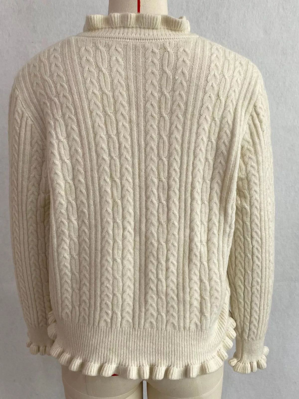 cable-knit ruffle-trim cardigan | dropsona - neutral - packaging