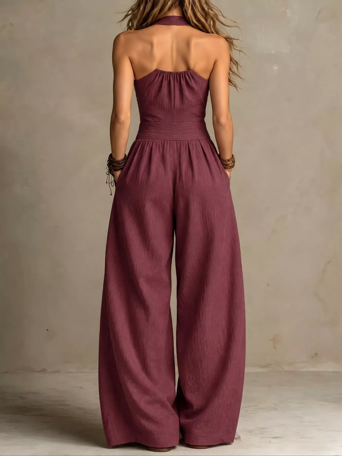 full size halter neck wide-leg jumpsuit plus | dropsona - neutral - material texture