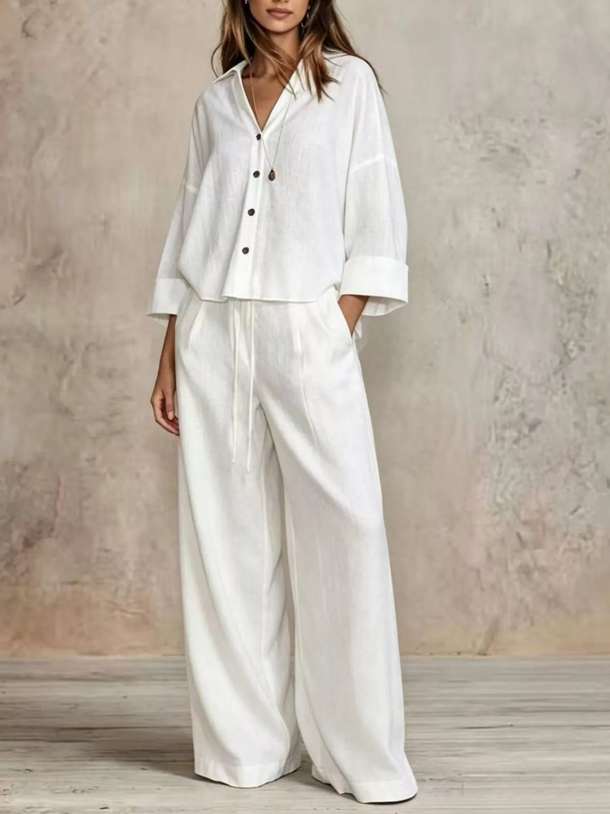 full size button-down shirt and wide-leg pants set | dropsona - neutral - packaging