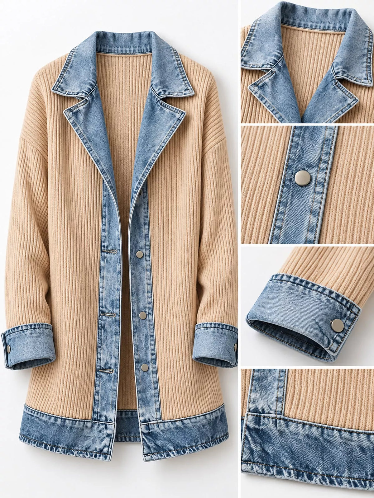 full size denim trim ribbed knit cardigan plus | dropsona - neutral - usage example