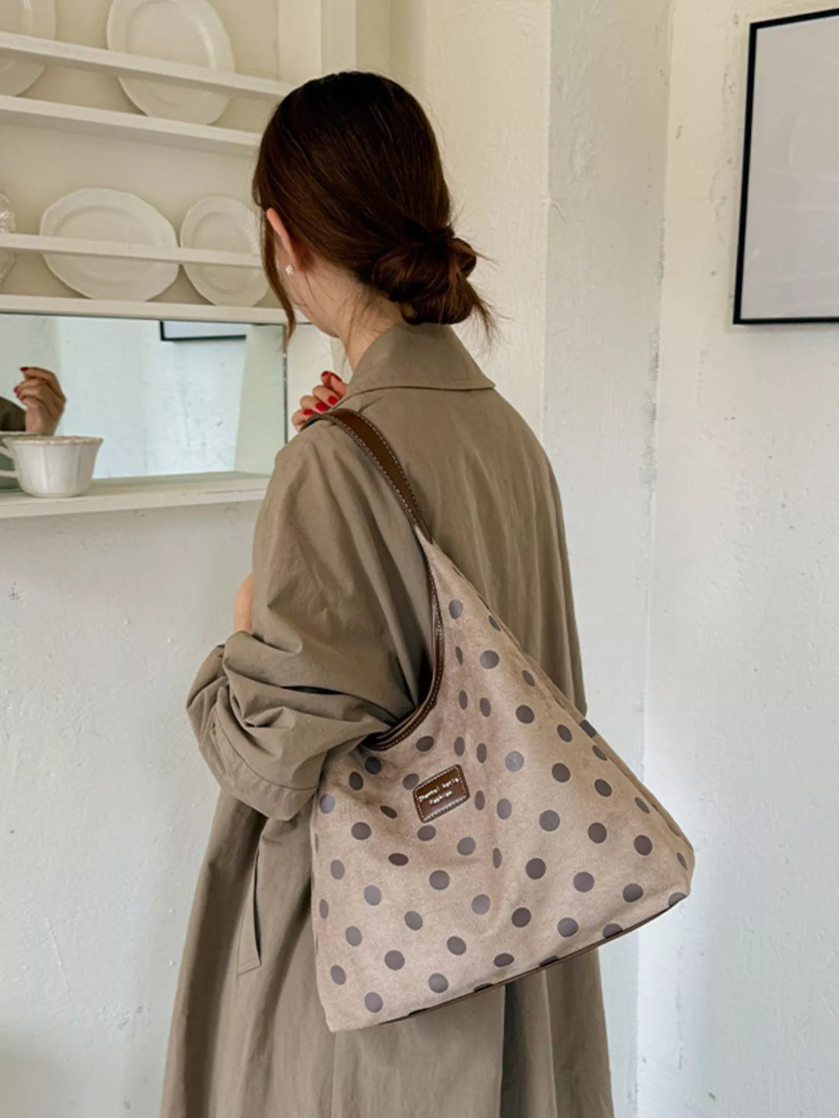 vintage polka dot suede shoulder bag – stylish sling | dropsona - neutral - material texture