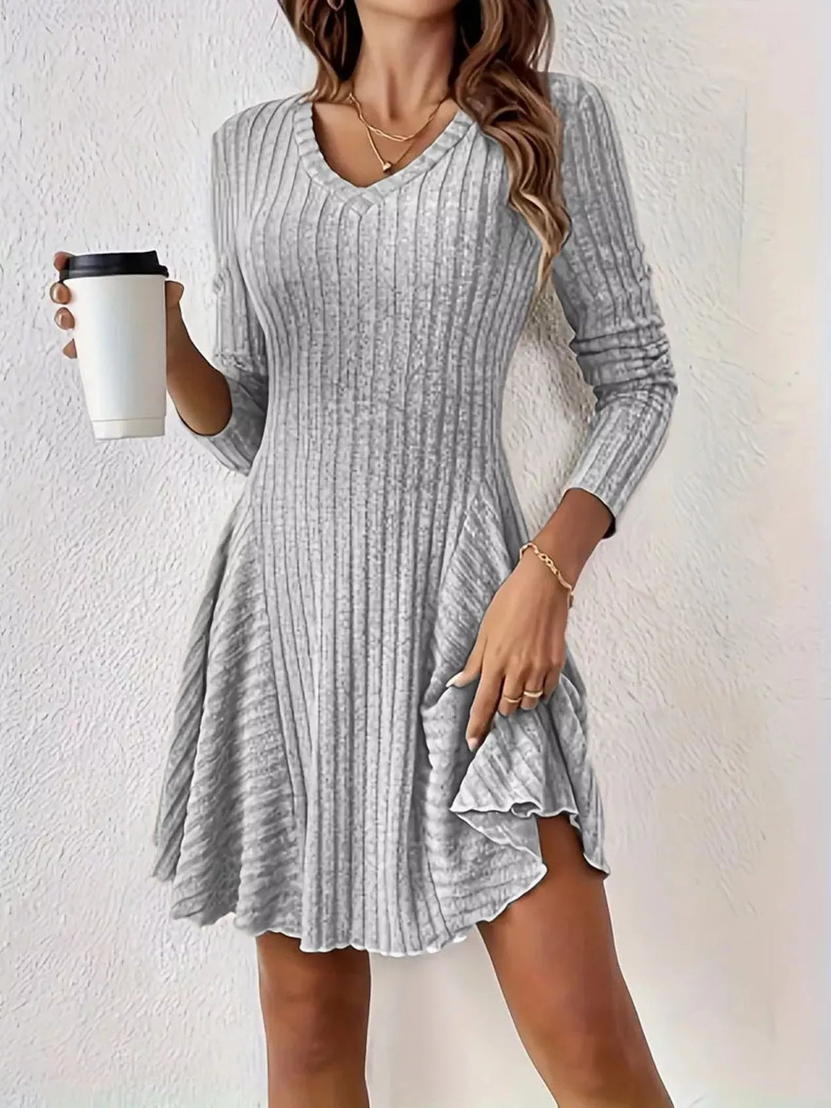v-neck ribbed knit a-line dress – | dropsona - neutral - close-up detail