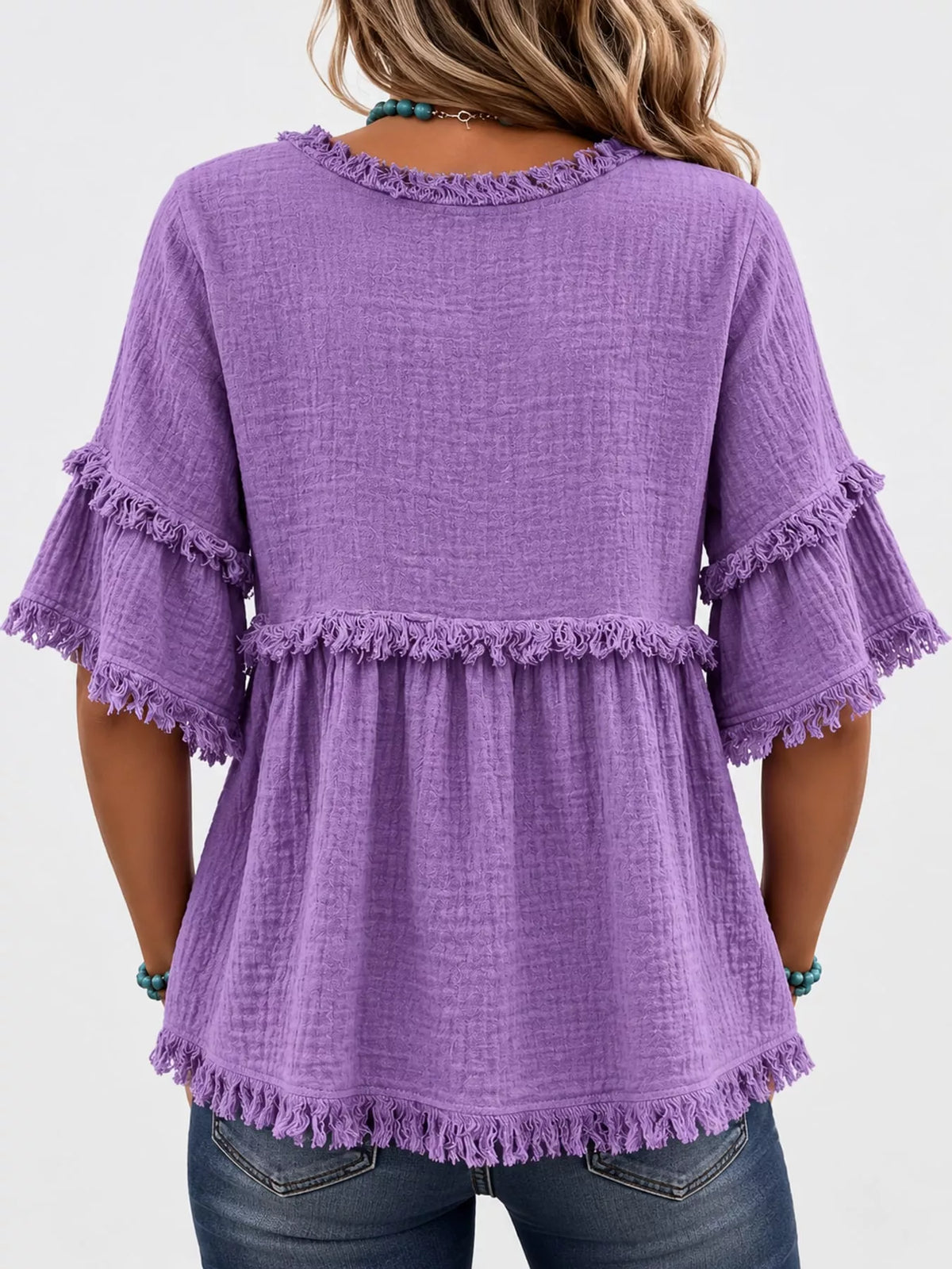 full size frayed edge textured blouse plus | dropsona - neutral - material texture