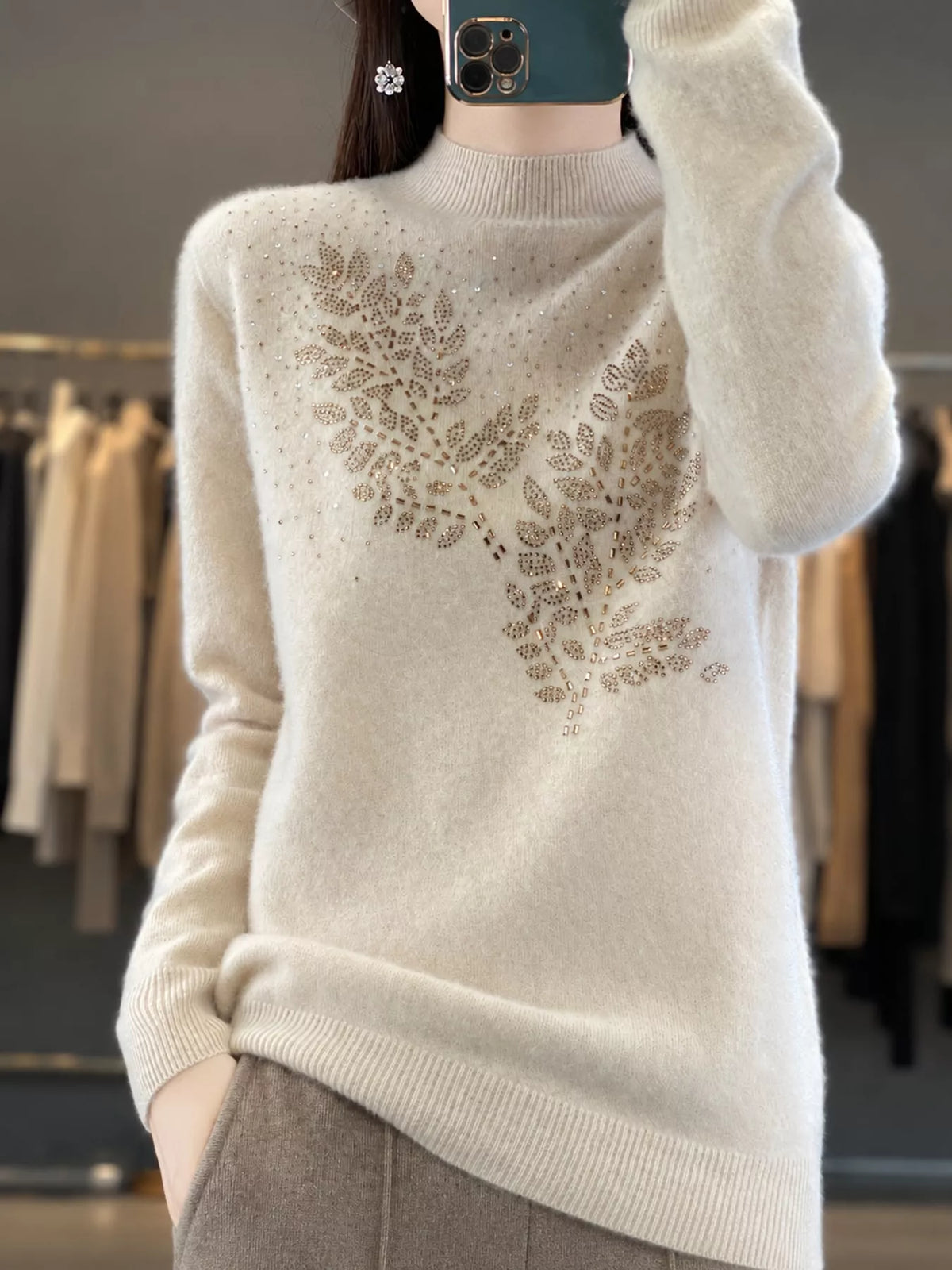 rhinestone leaf mock neck sweater | dropsona polyester - neutral - close-up detail