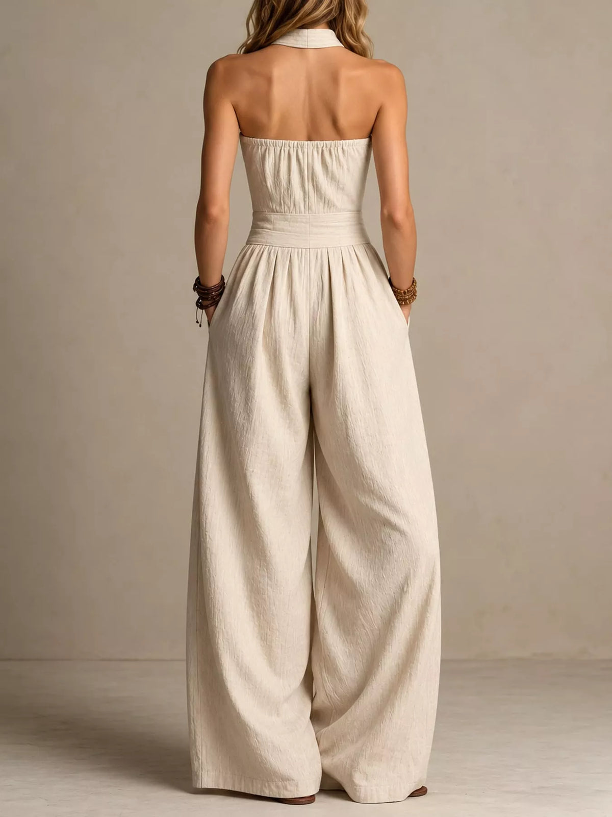 full size halter neck wide-leg jumpsuit plus | dropsona - neutral - material texture