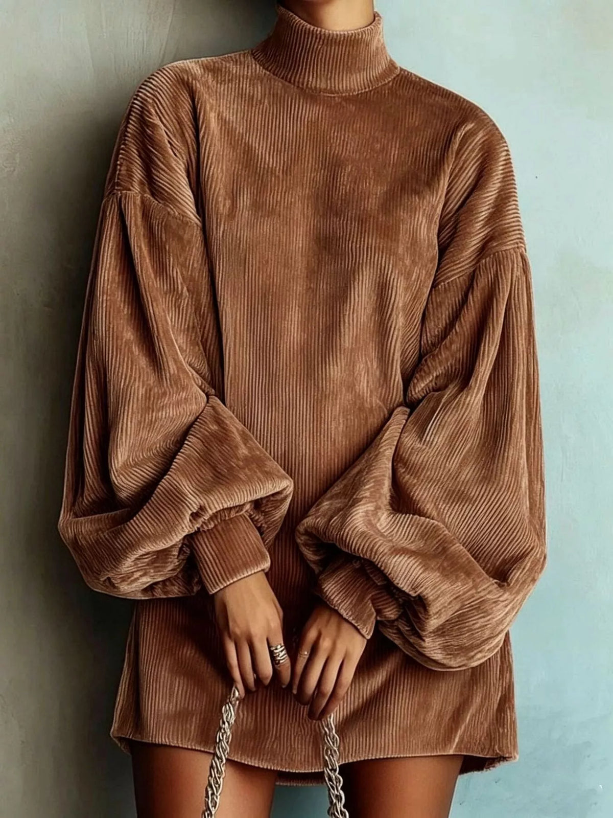full size corduroy mock neck lantern sleeve mini | dropsona - neutral - packaging