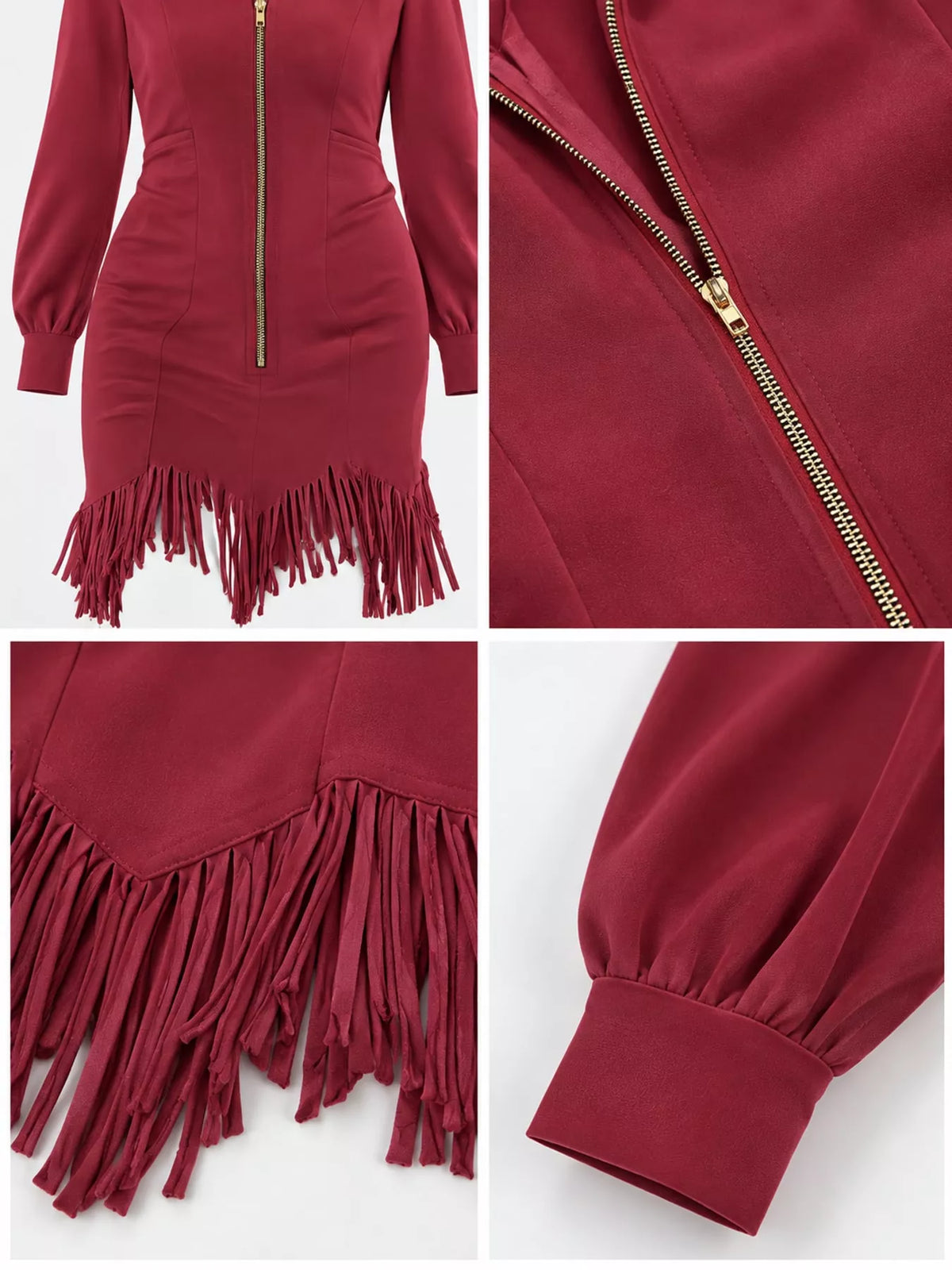 zip-front long sleeve fringe hem mini dress | dropsona - neutral - material texture