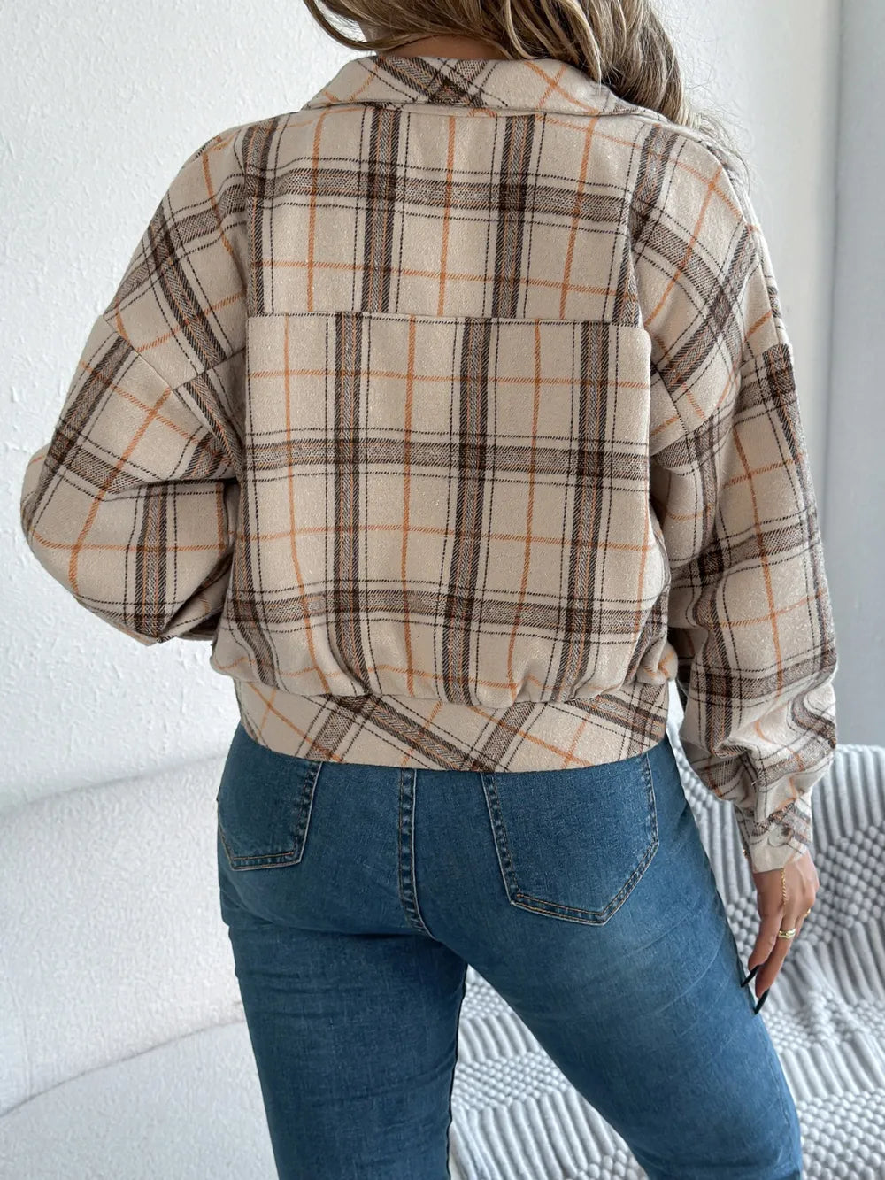plaid button up long sleeve jacket – buttoned | dropsona - neutral - material texture