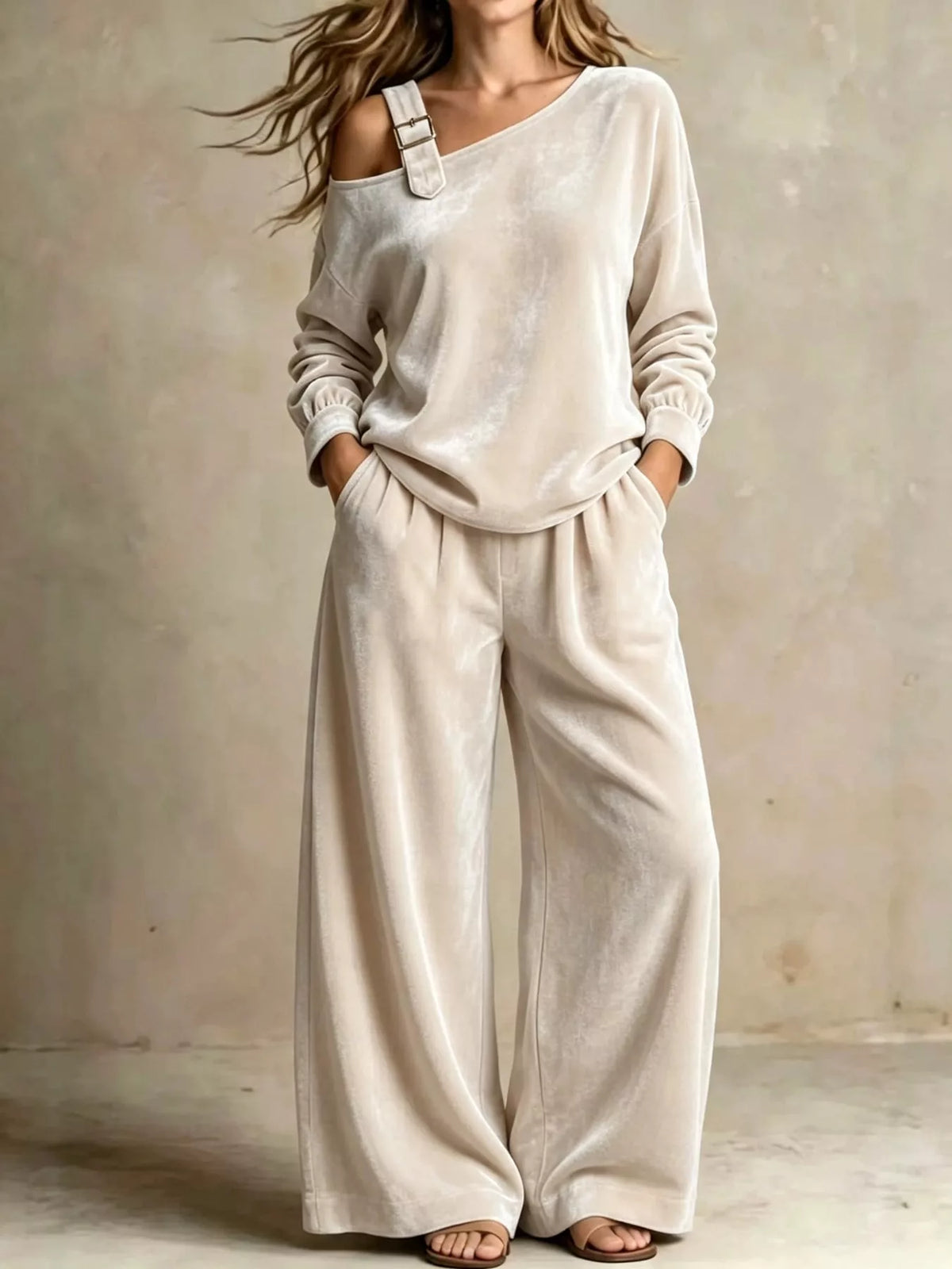 asymmetrical neck top and pants set | dropsona - neutral - packaging