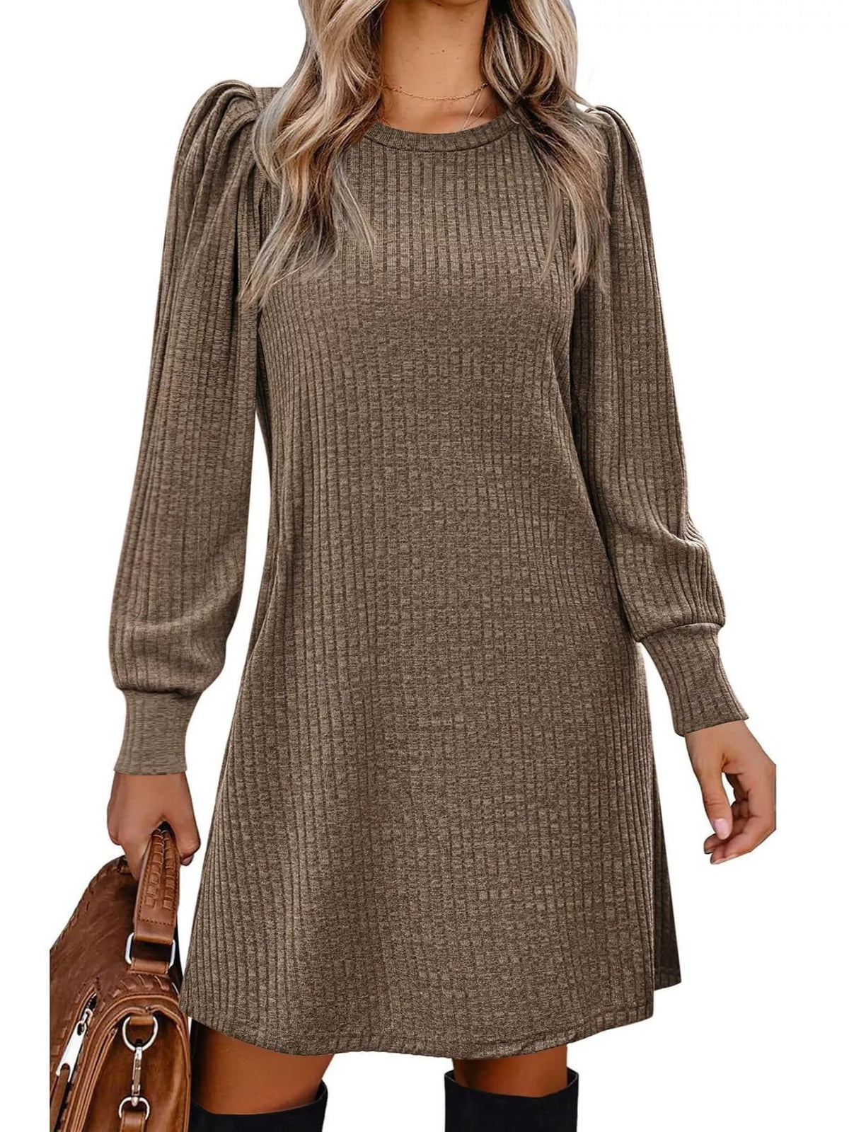 puff sleeve ribbed knit dress with pockets | dropsona - neutral - size reference
