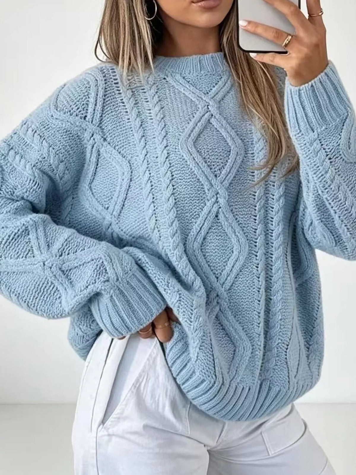 full size cable-knit round neck sweater plus | dropsona - neutral - usage example