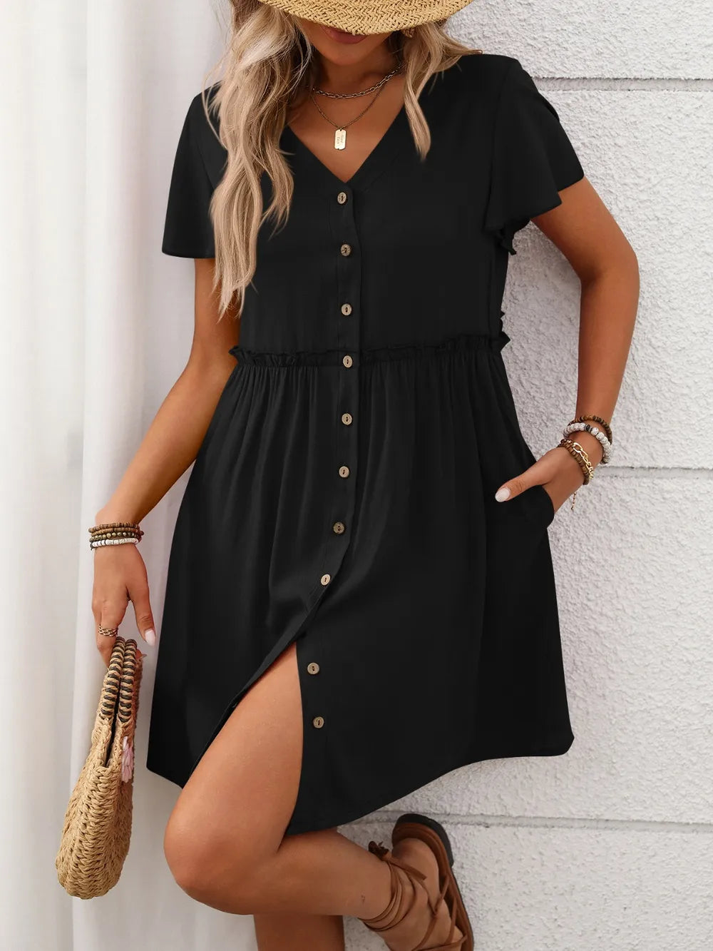 button front flutter sleeve dress - size reference