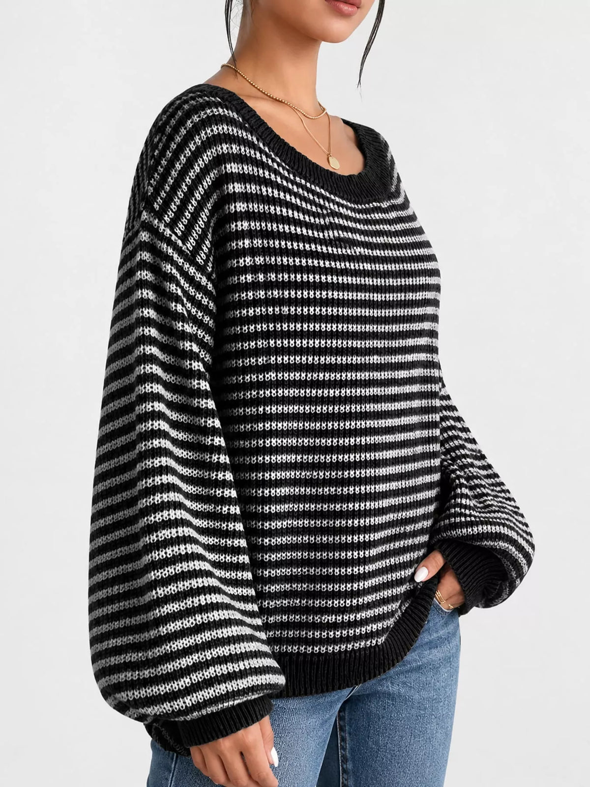 striped knit boat neck sweater – oversized,ribbed fit | dropsona - neutral - usage example