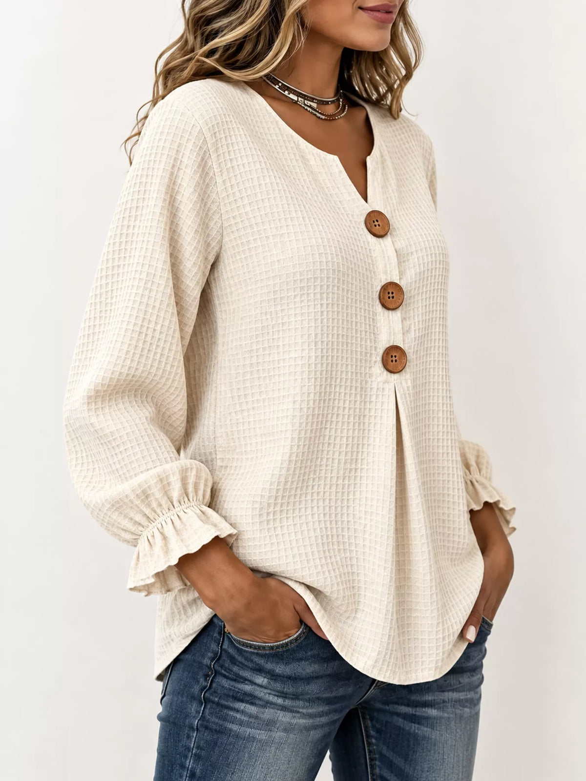 full size waffle knit flounce sleeve blouse plus | dropsona - neutral - front view