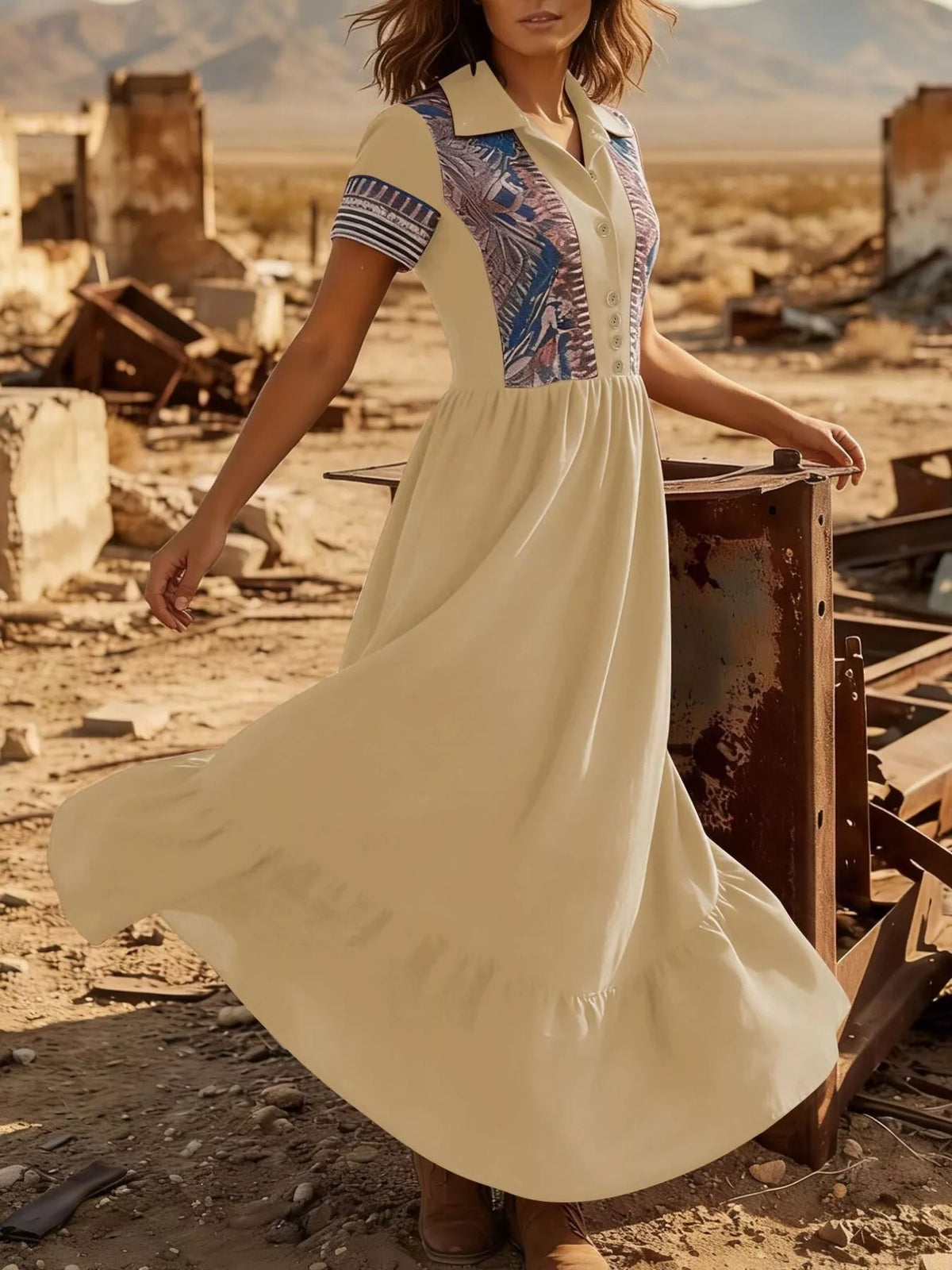 printed button-front maxi dress – buttoned,ruffled | dropsona - neutral - close-up detail