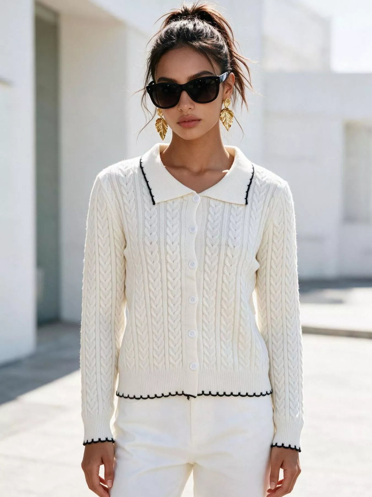 cable knit polo collar button-up cardigan | dropsona - neutral - material texture
