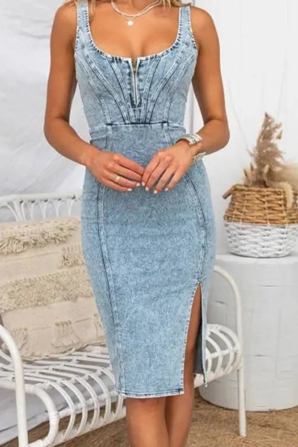 side slit washed scoop neck denim dress - size reference
