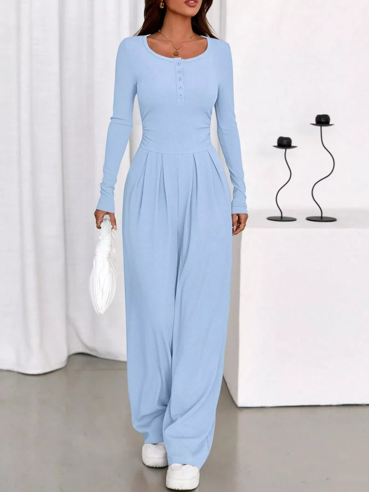 long sleeve ribbed knit wide leg jumpsuit | dropsona - neutral - close-up detail