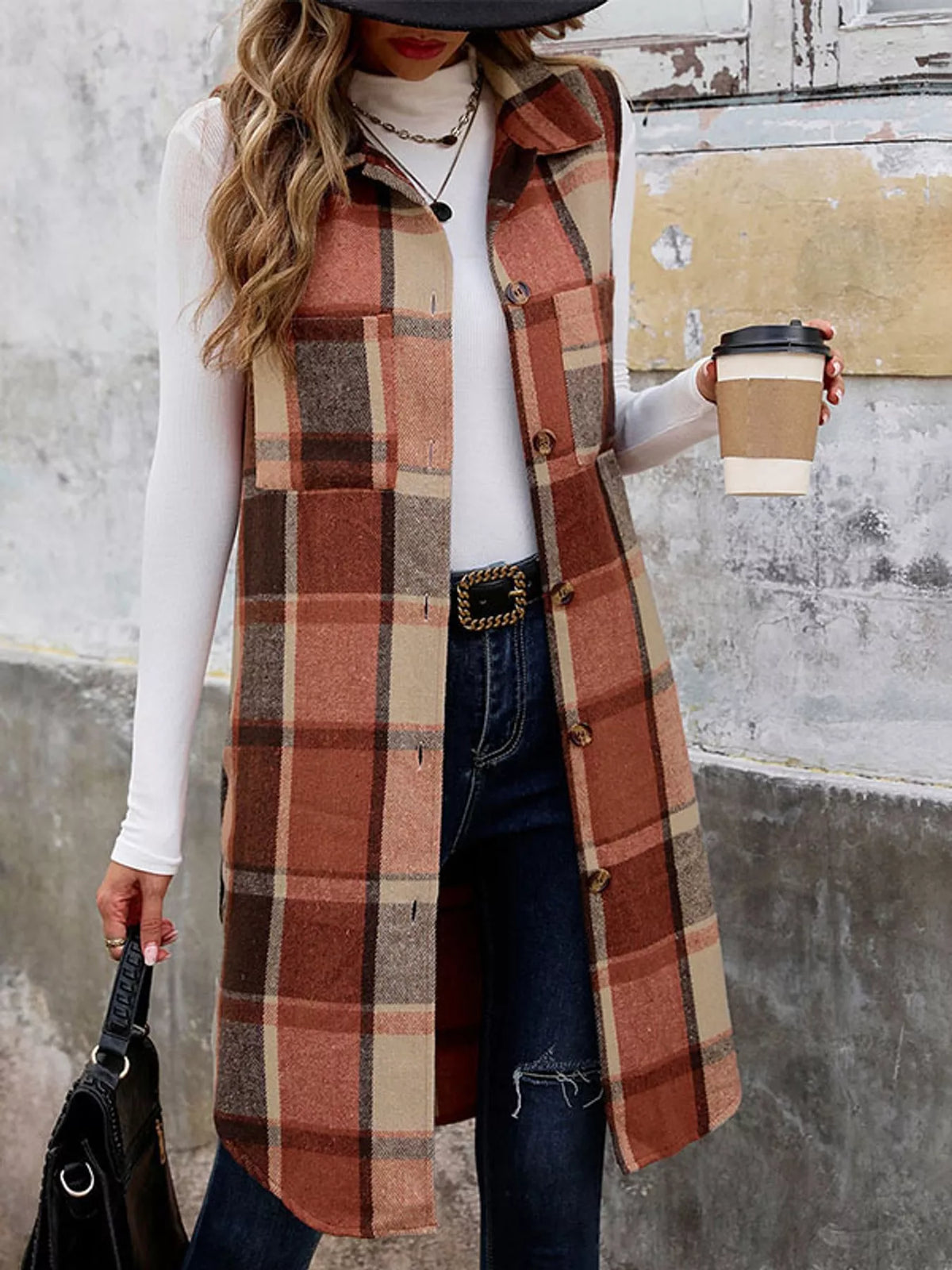 longline plaid button-down vest coat | dropsona - neutral - close-up detail