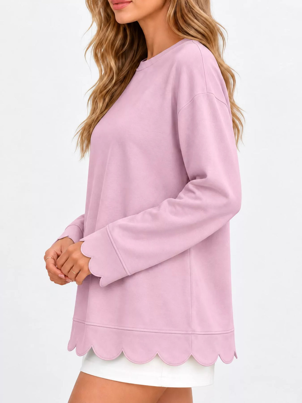 full size casual scalloped hem crewneck sweatshirt | dropsona - neutral - material texture