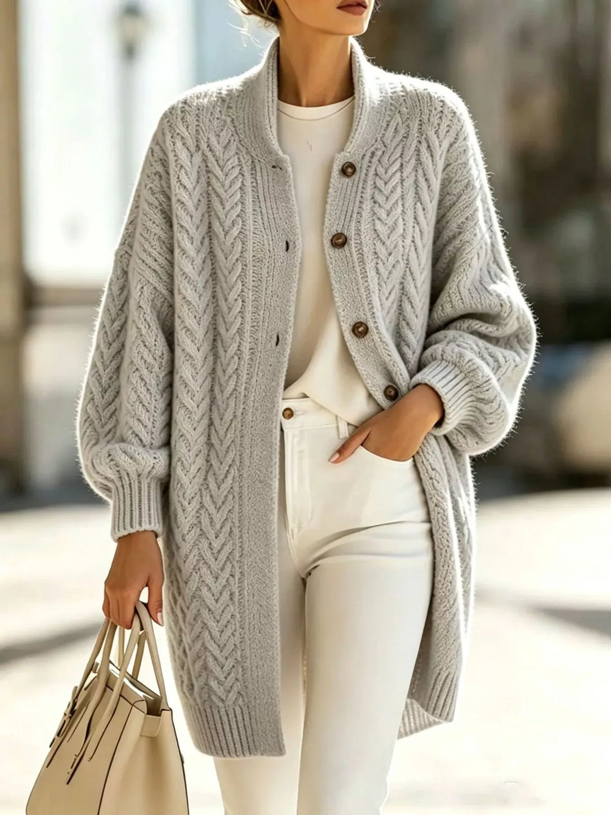 full size cable-knit button-down cardigan plus | dropsona - neutral - packaging
