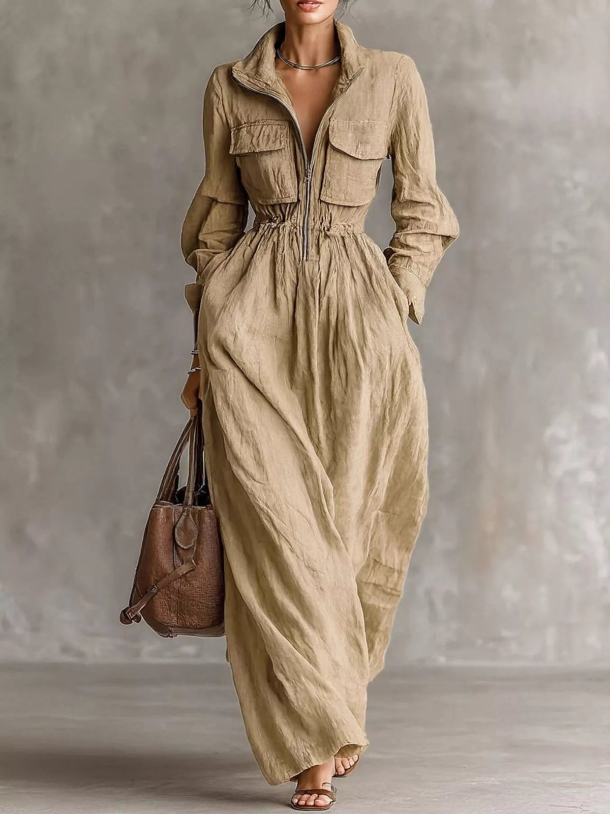 zip-front long sleeve maxi shirt dress | dropsona - neutral - everyday use