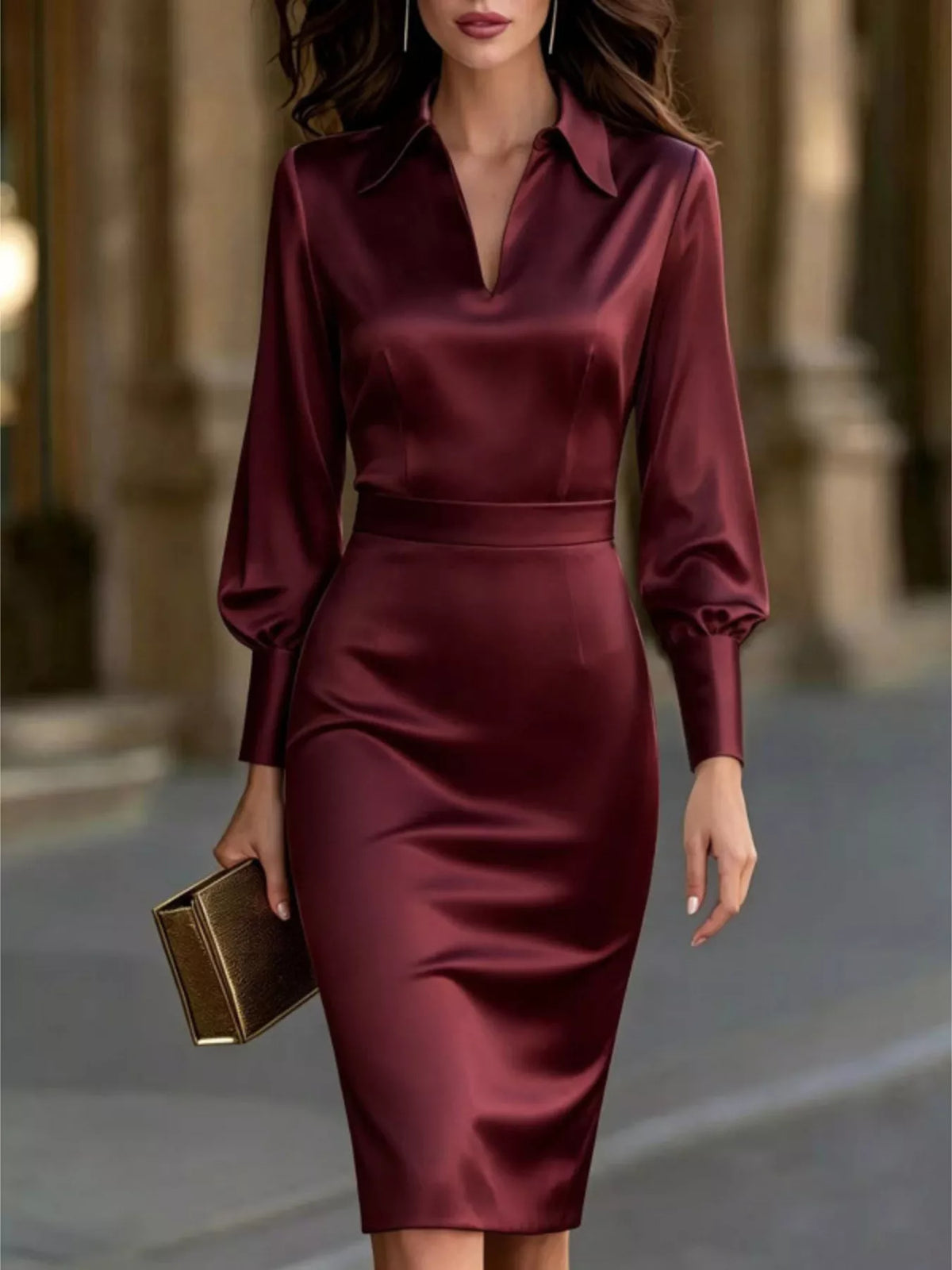 satin lantern sleeve midi dress – basic style | dropsona - neutral - material texture