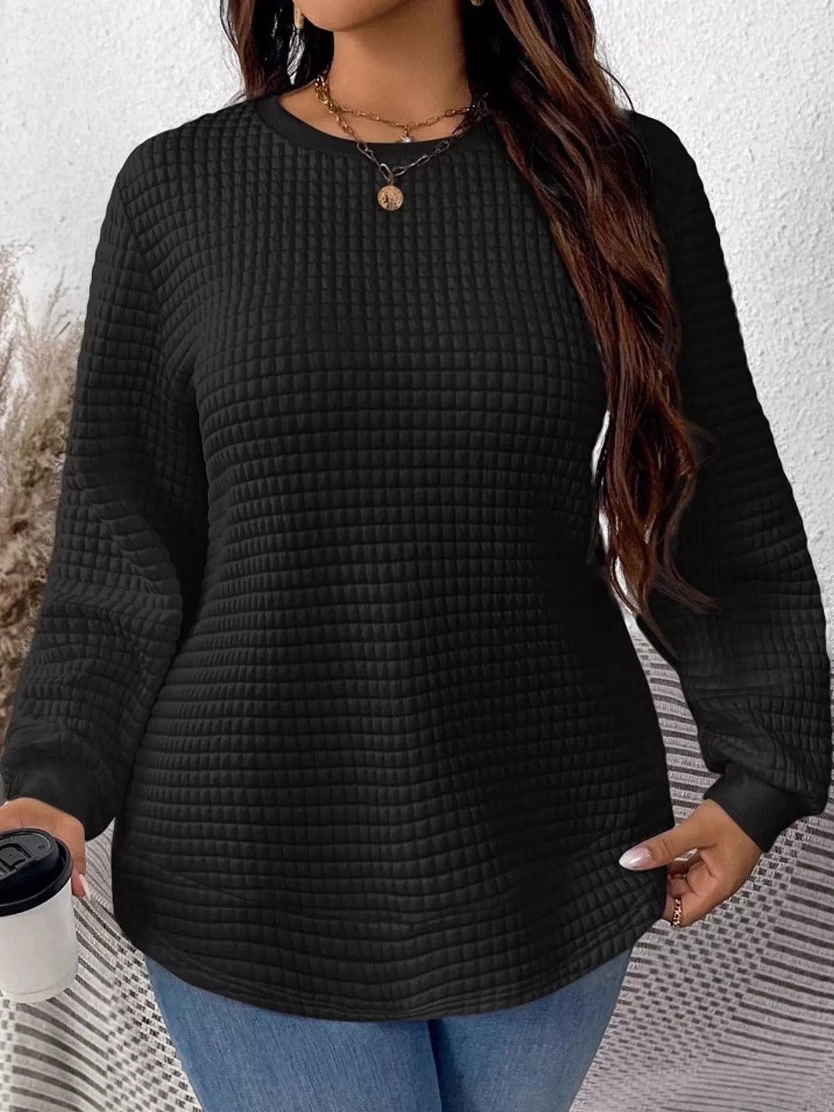 plus size textured waffle knit crew neck sweatshirt | dropsona - neutral - front view