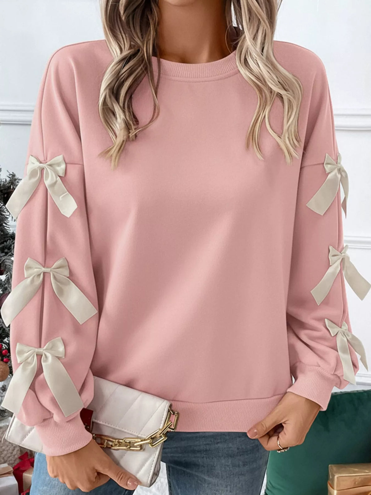 crew neck sweatshirt with decorative bow | dropsona - neutral - size reference