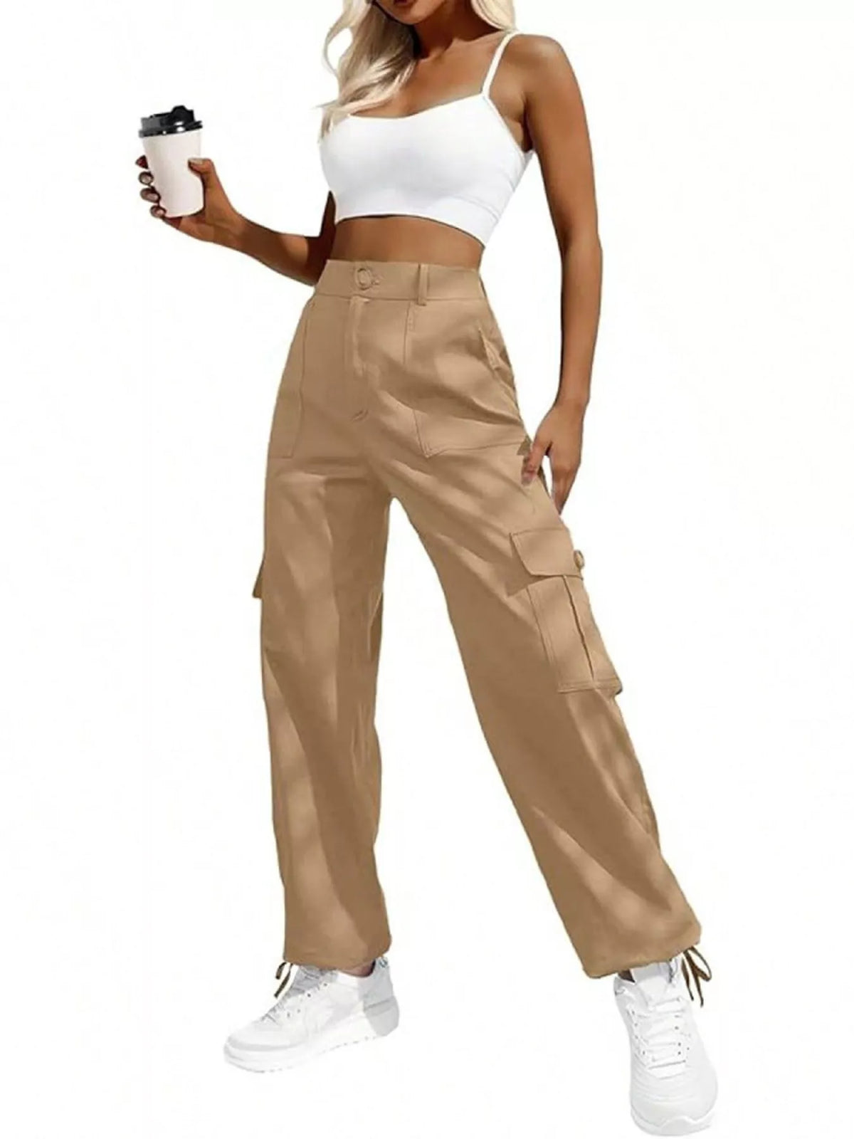 high-waisted cargo pants with drawstring cuffs | dropsona - neutral - close-up detail