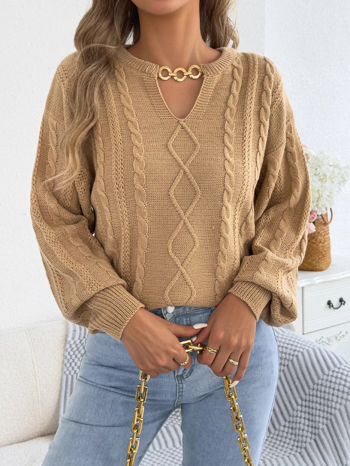 cable knit notched sweater – basic style | dropsona - neutral - usage example