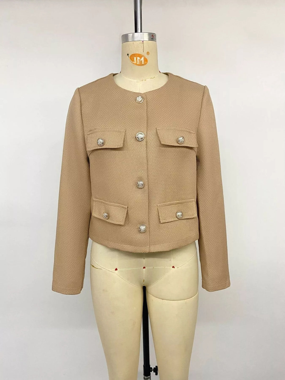 textured cropped jacket with gold-tone button | dropsona - neutral - front view