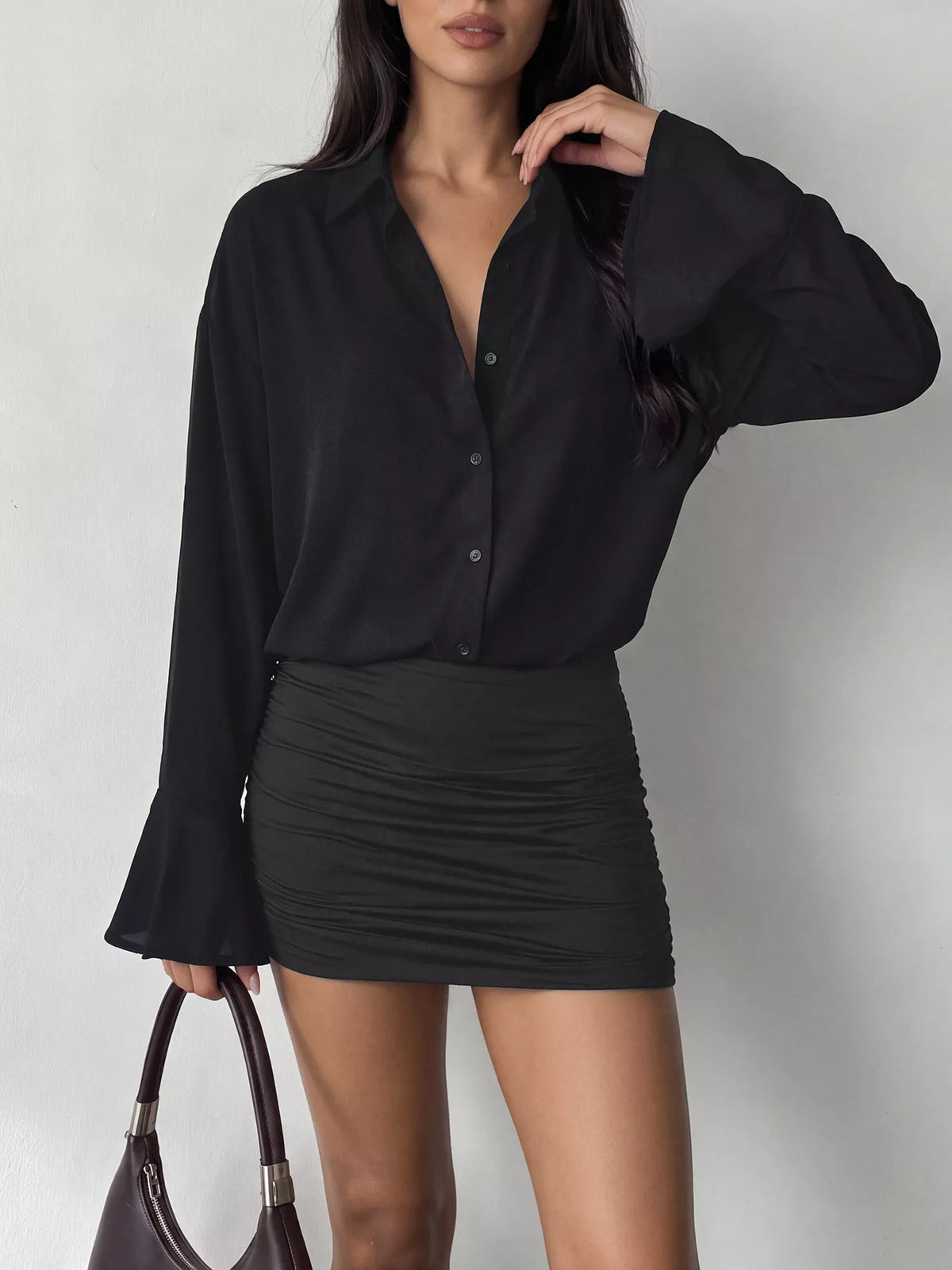 button front flounce sleeve bodycon shirt dress | dropsona - neutral - material texture