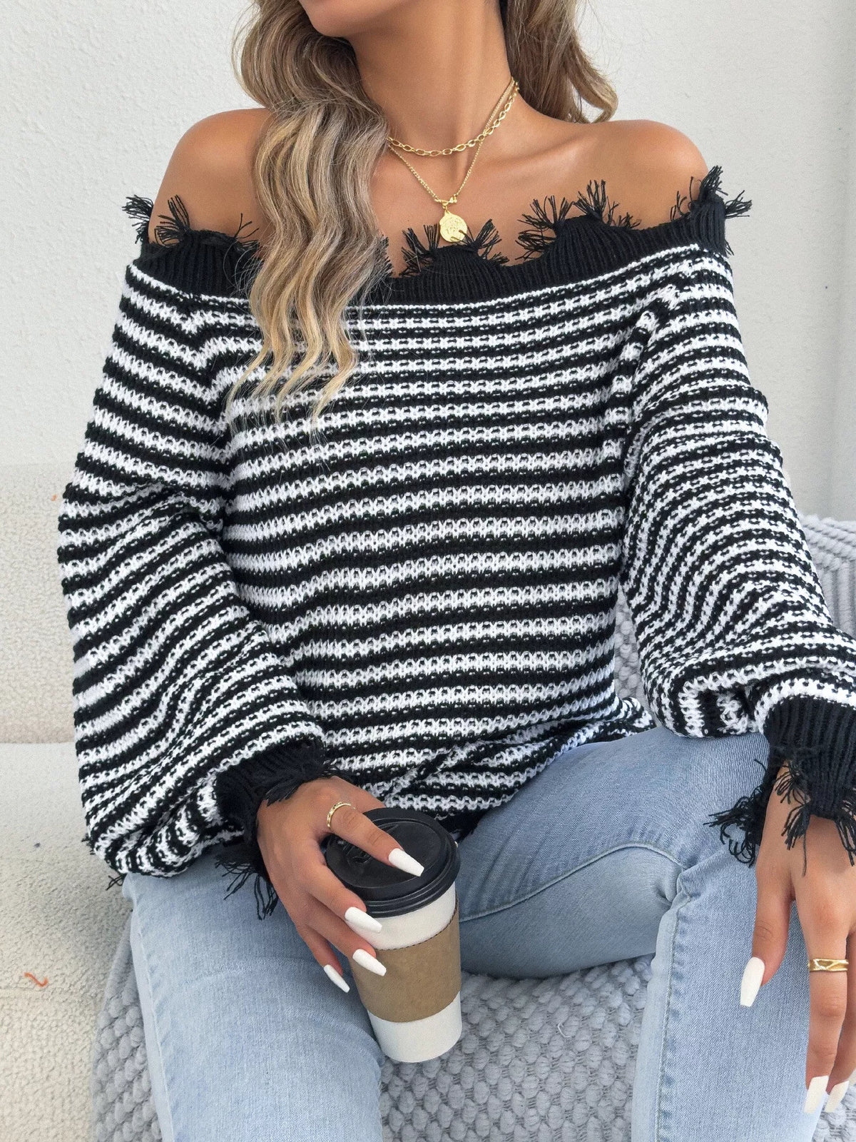 off-shoulder frayed hem striped sweater – raw | dropsona - neutral - usage example