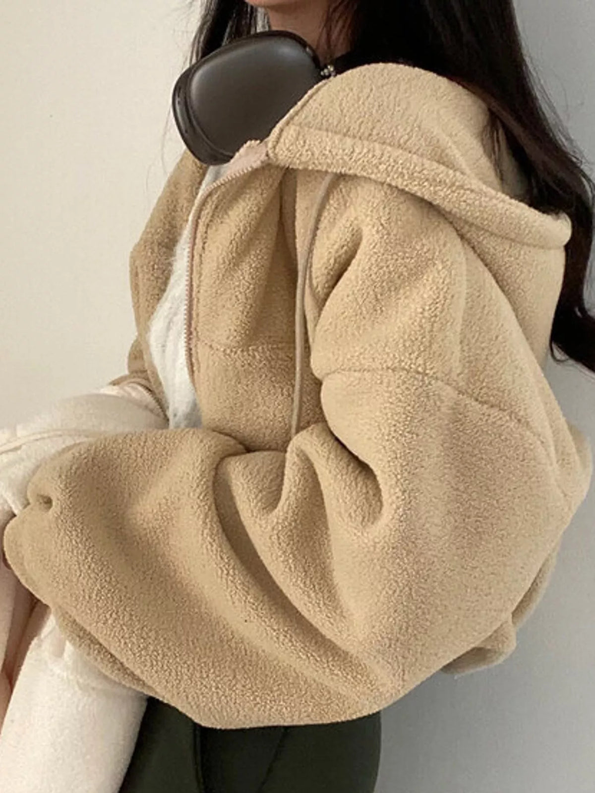oversized sherpa zip-up hoodie | dropsona - neutral - front view