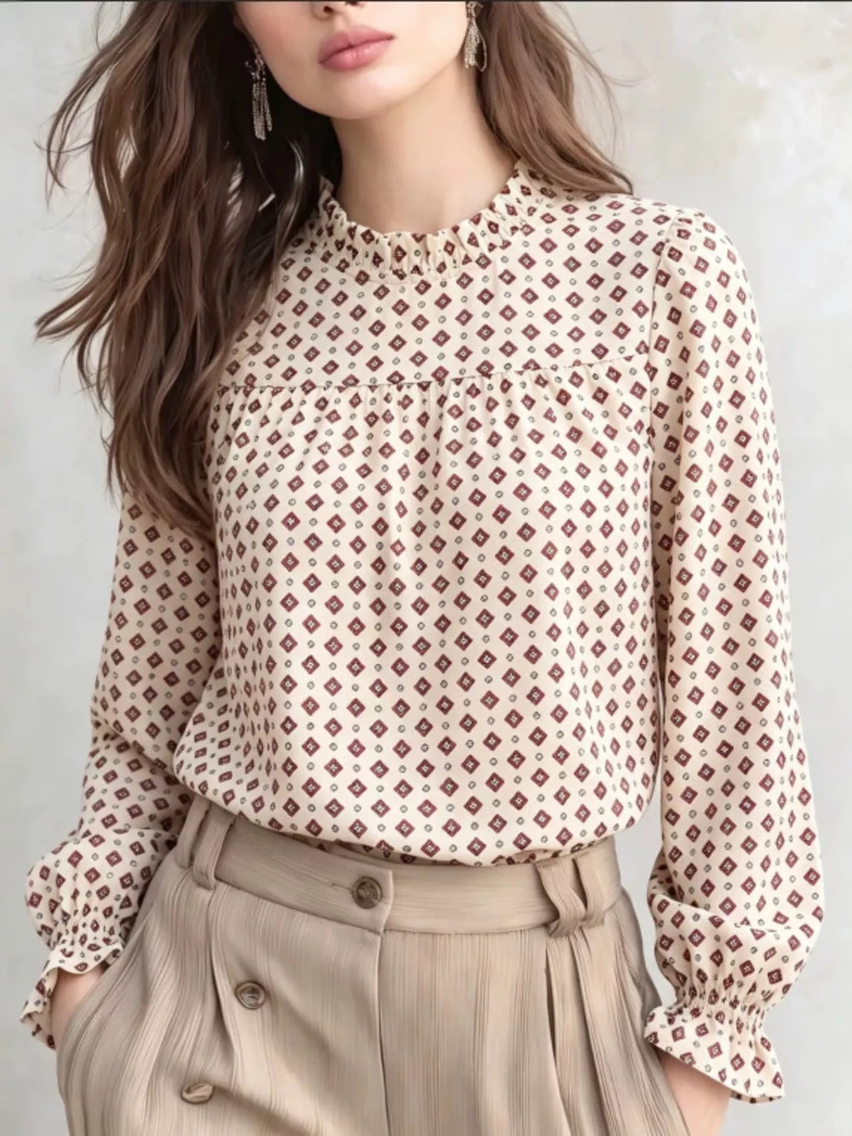 geometric print mock neck puff sleeves blouse | dropsona - neutral - usage example