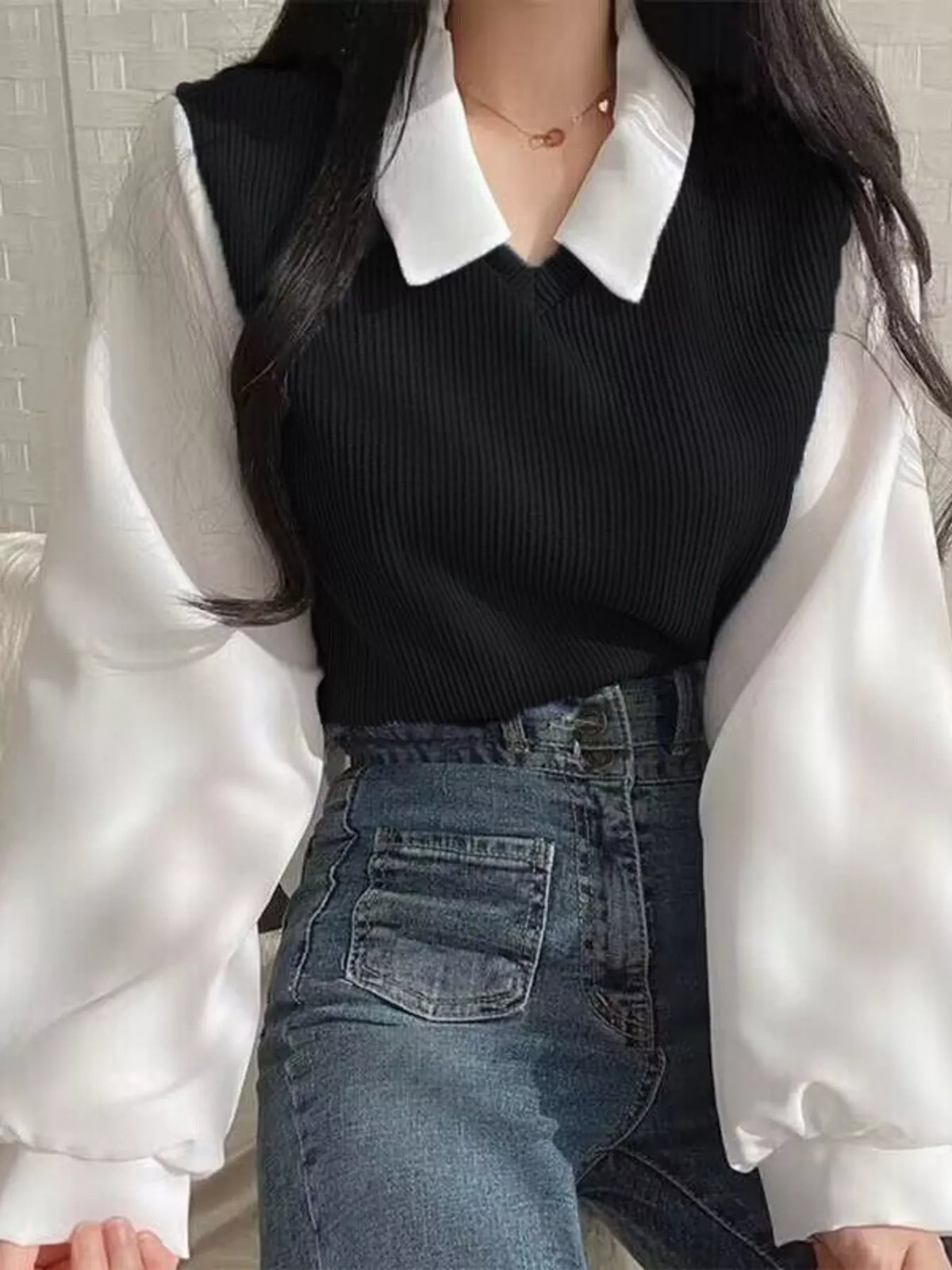 layered look long sleeve blouse – layered,ribbed fit | dropsona - neutral - size reference