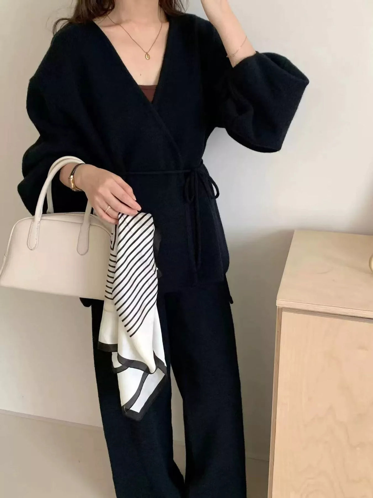 elegant v-neck wrap cardigan and wide-leg pants | dropsona - neutral - packaging