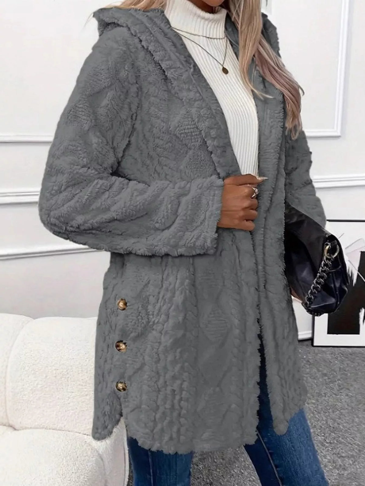 full size cozy cable-knit faux fur hooded outerwear | dropsona - neutral - usage example