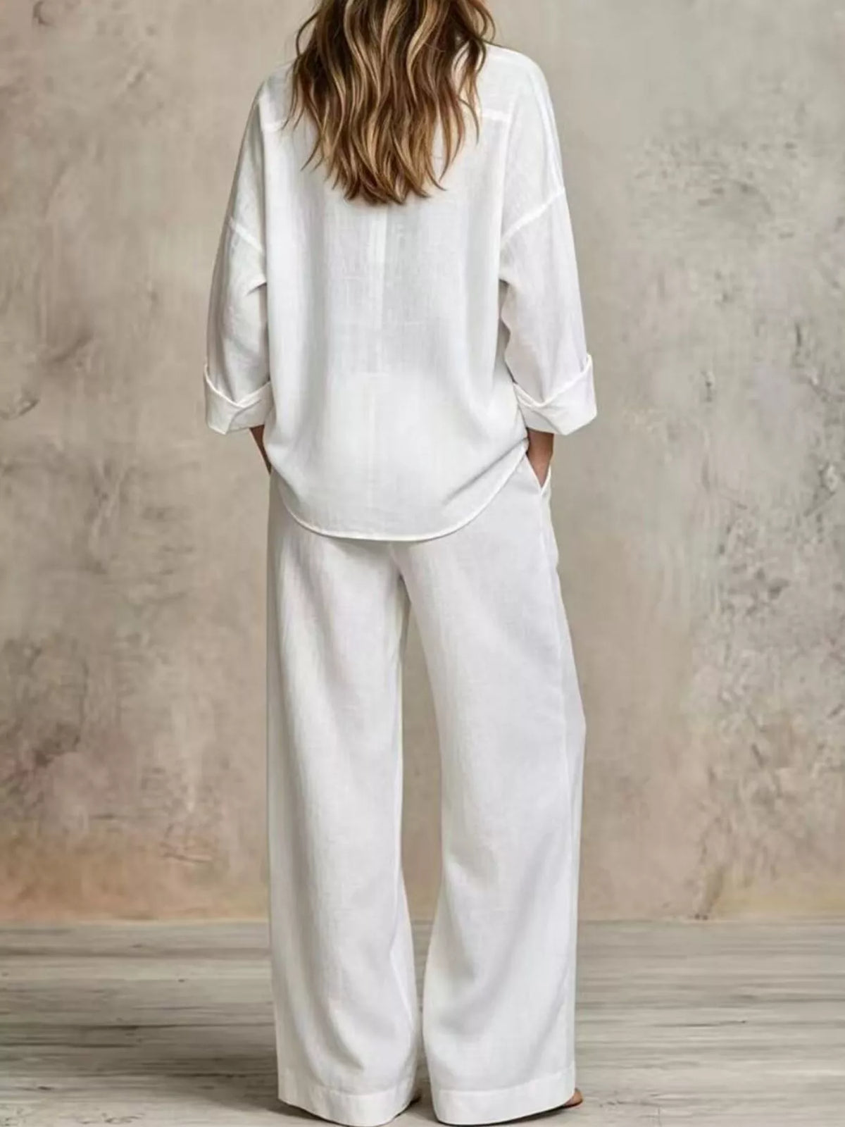 full size button-down shirt and wide-leg pants set | dropsona - neutral - close-up detail
