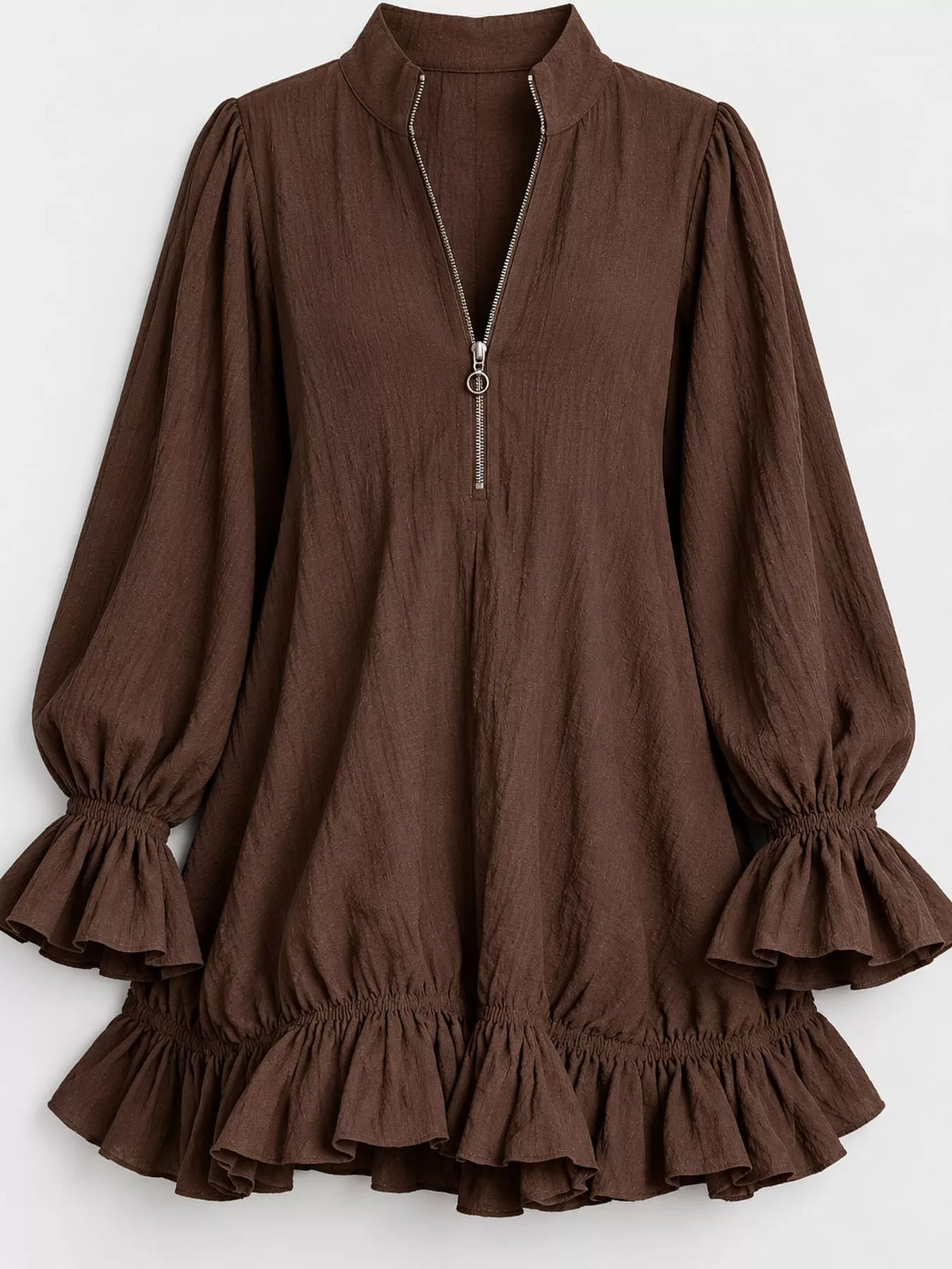 zipper-front ruffle hem mini dress – zipper, ruffled | dropsona - neutral - material texture