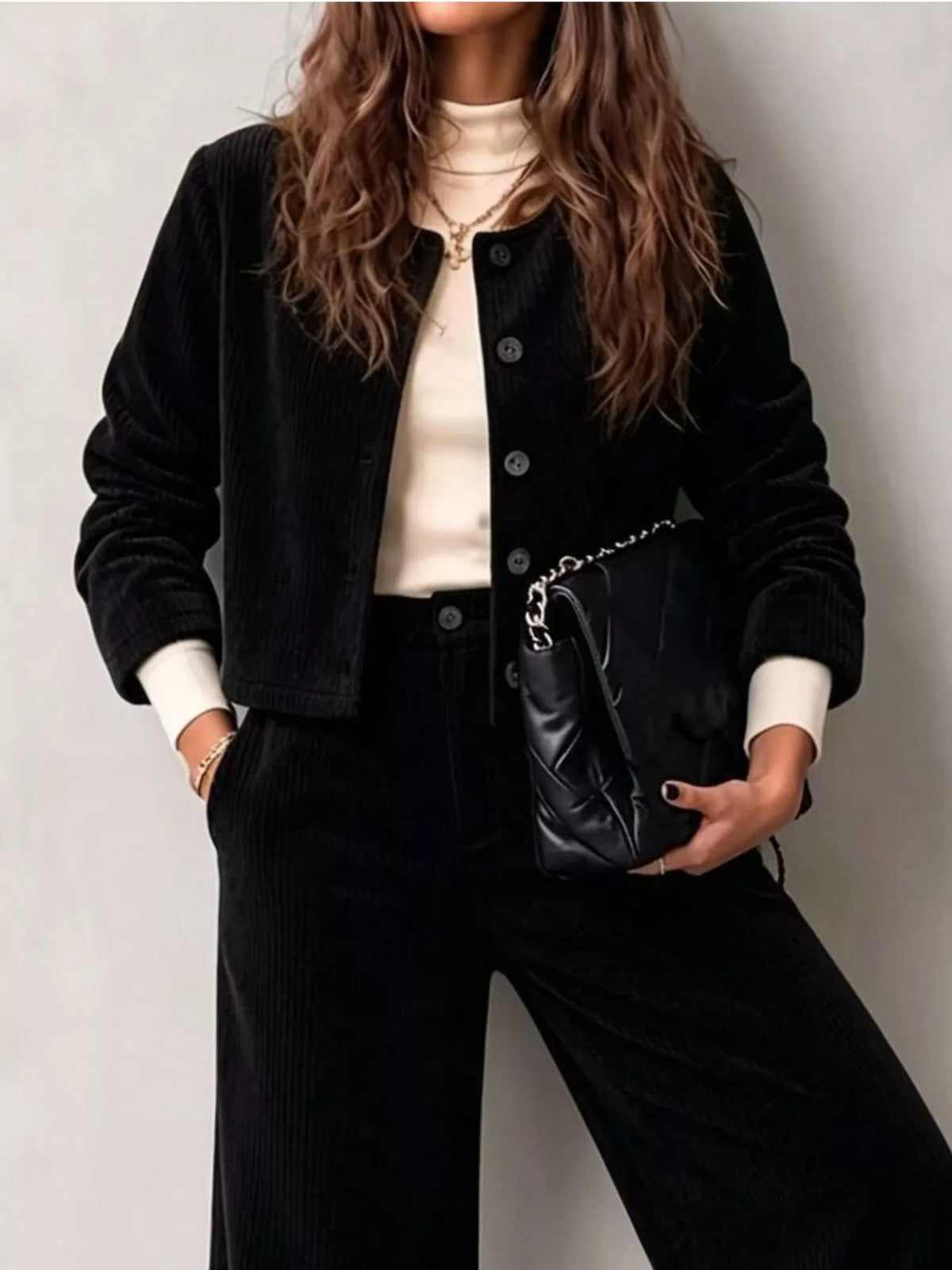 full size corduroy button-down jacket and wide-leg | dropsona - neutral - front view