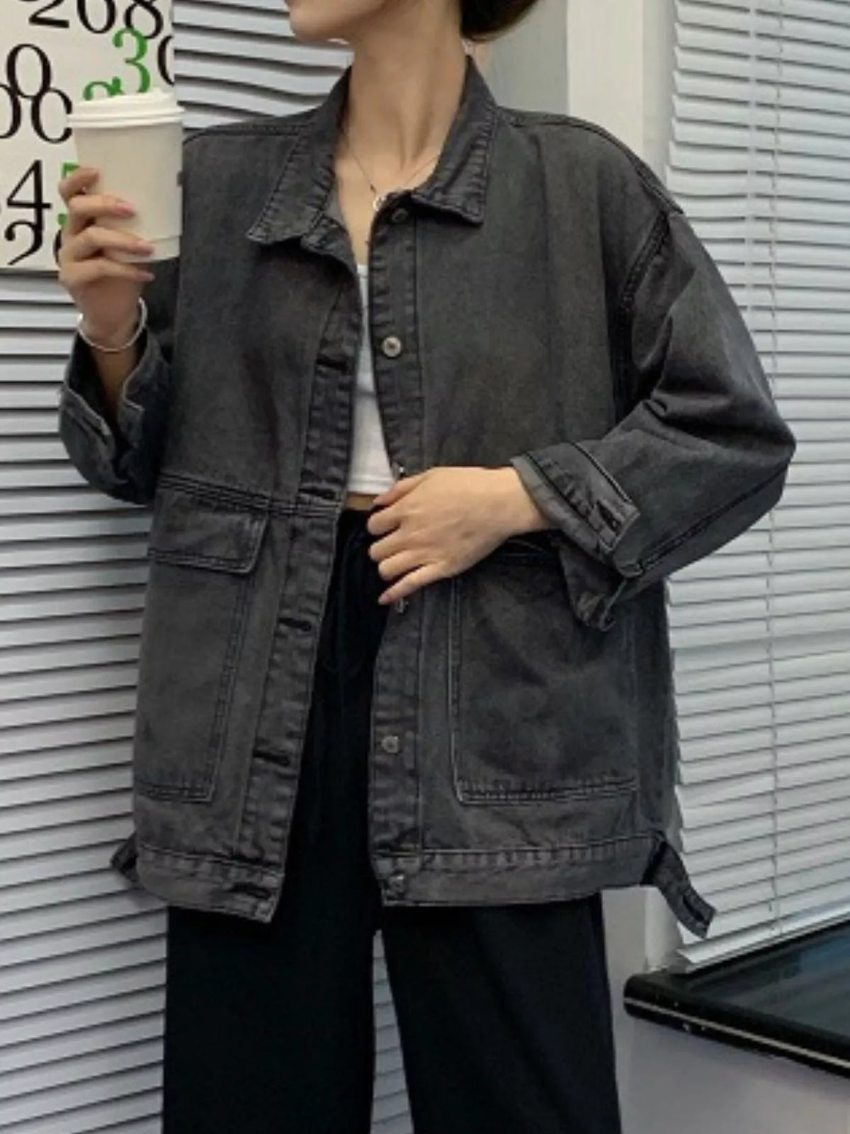 oversized wash denim jacket with utility pockets | dropsona - neutral - packaging