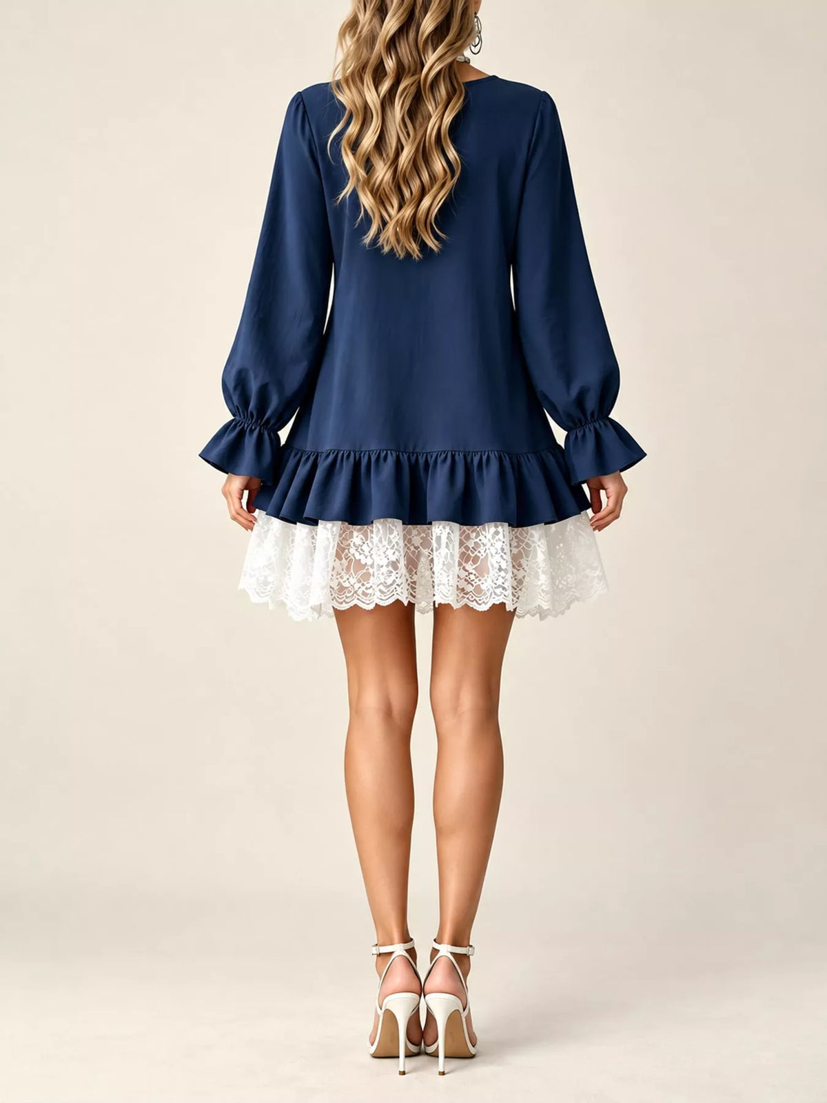 lace hem v-neck flounce sleeve dress | dropsona - neutral - front view