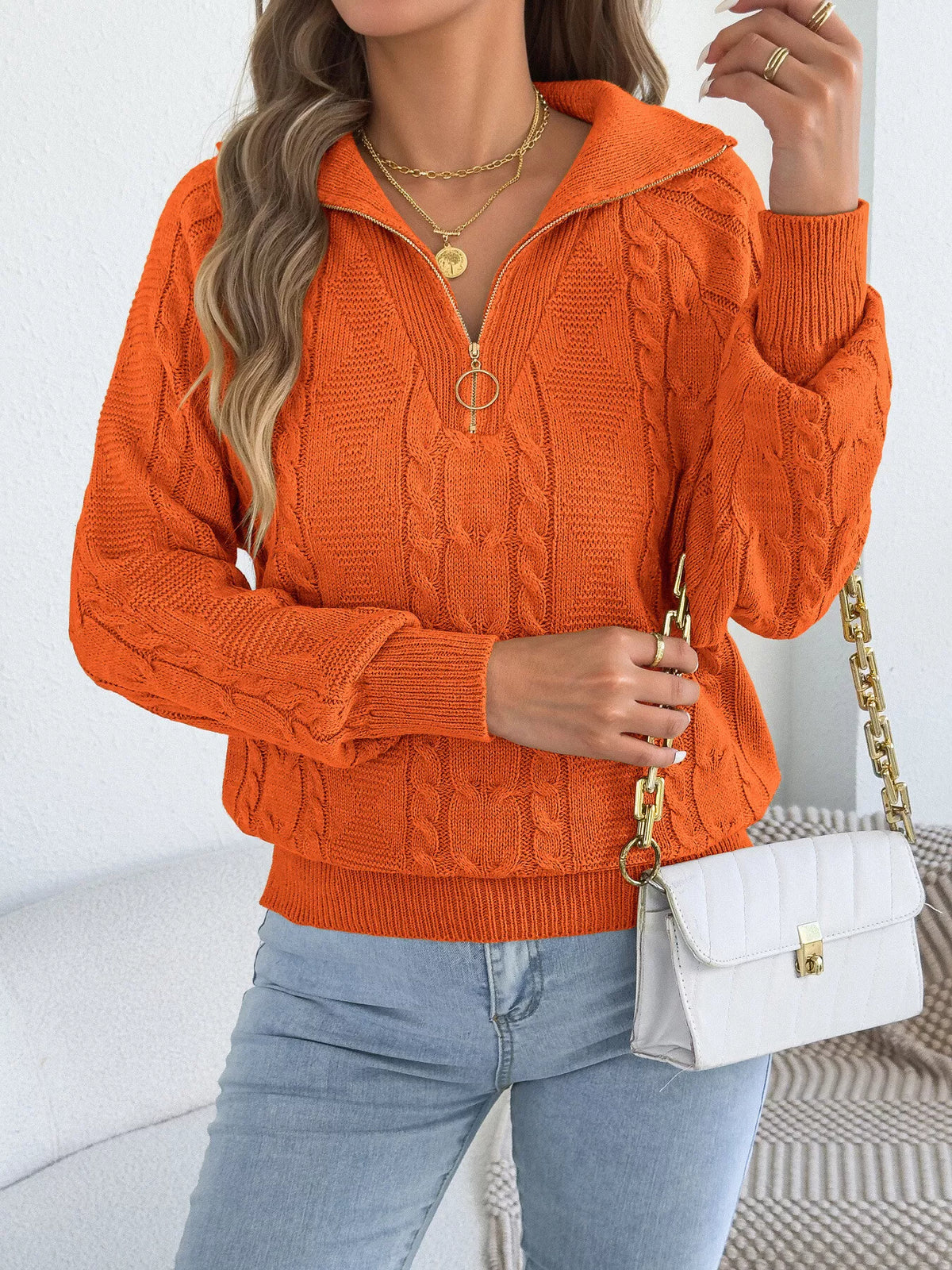 quarter-zip cable knit sweater – cable-knit,zipper | dropsona - neutral - front view