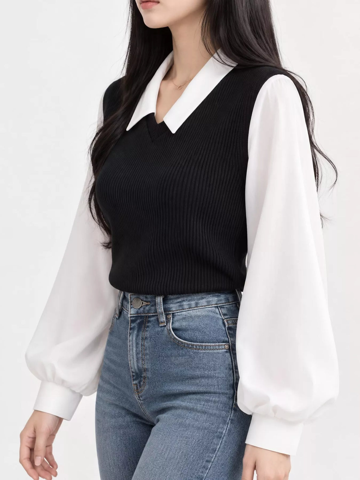 layered look long sleeve blouse – layered,ribbed fit | dropsona - neutral - usage example