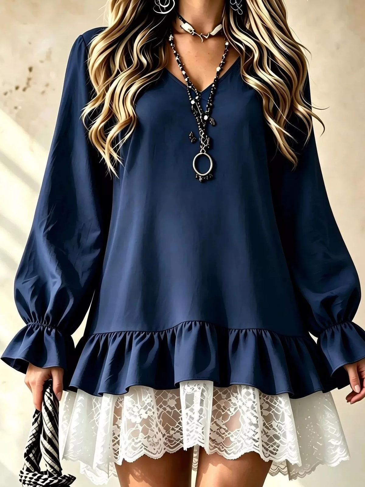 v-neck long sleeve ruffle hem lace trim mini dress | dropsona - neutral - material texture