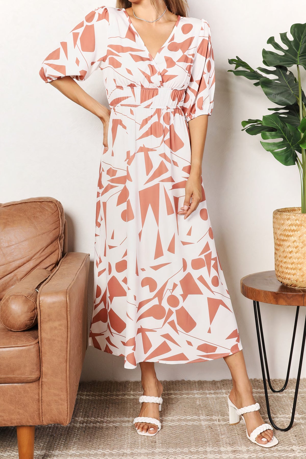 printed surplice balloon sleeve dress - everyday wear