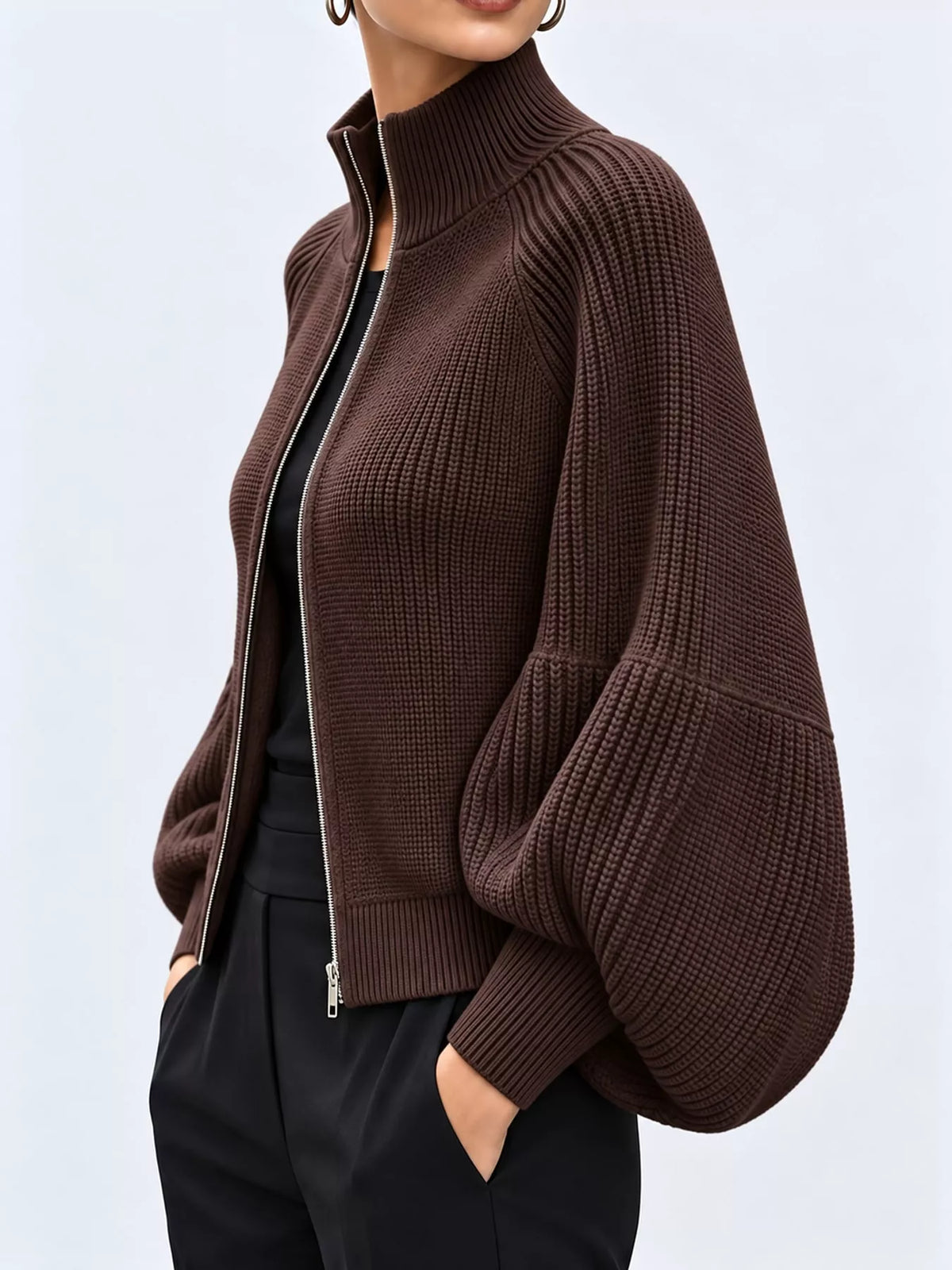 full size elegant ribbed knit zip-up cardigan with | dropsona - neutral - size reference