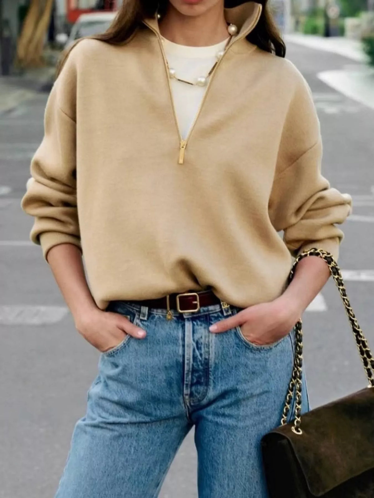 half-zip dropped shoulder sweater – zipper fit | dropsona - neutral - everyday use